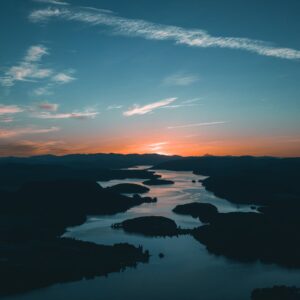 aerial photography of water beside forest during golden hour